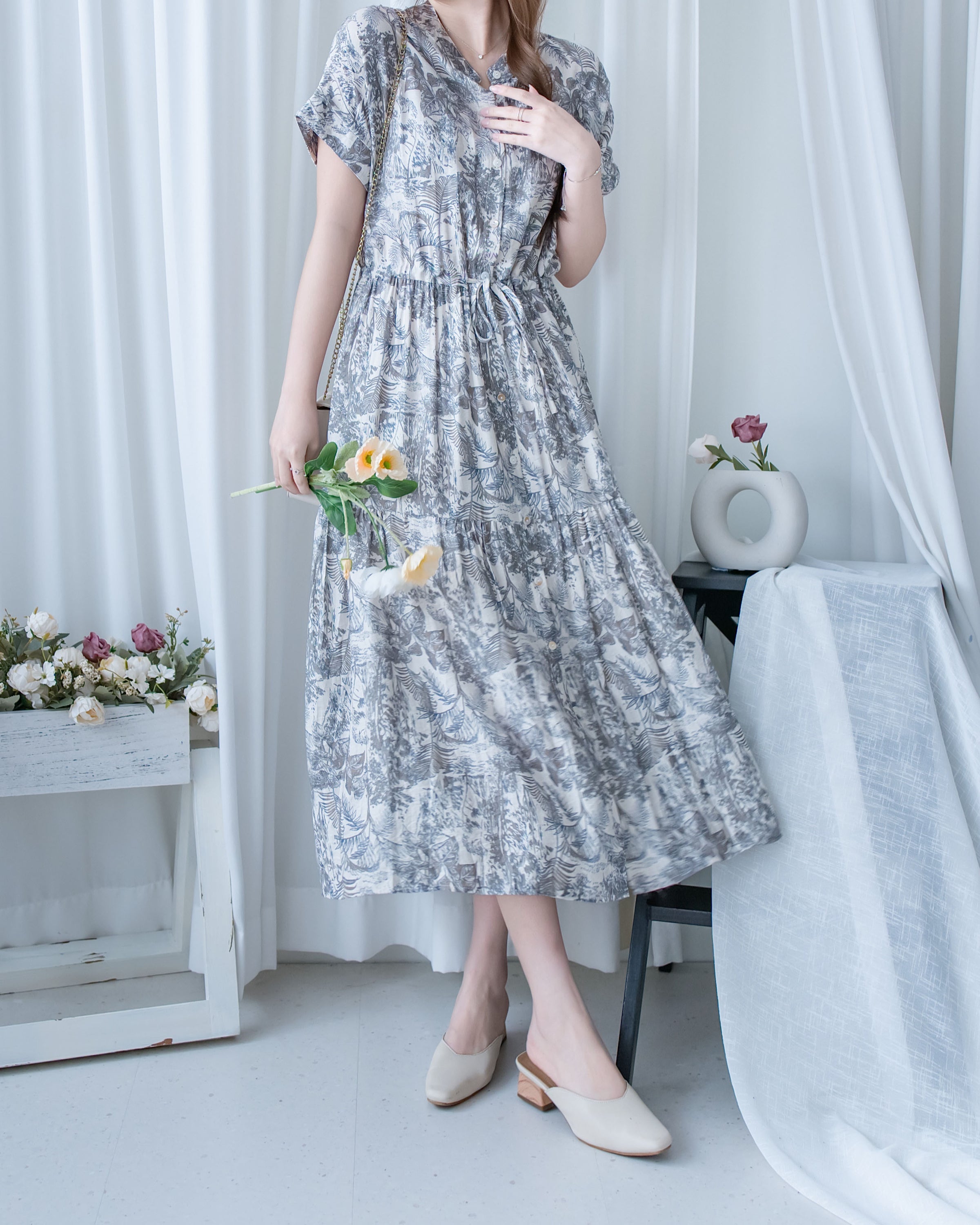 Porcelain Shirt Dress 無領陶瓷植物花印花恤衫連衣裙/DS1166 (Pre-order white)