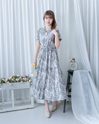 Porcelain Shirt Dress 無領陶瓷植物花印花恤衫連衣裙/DS1166 (Pre-order white)