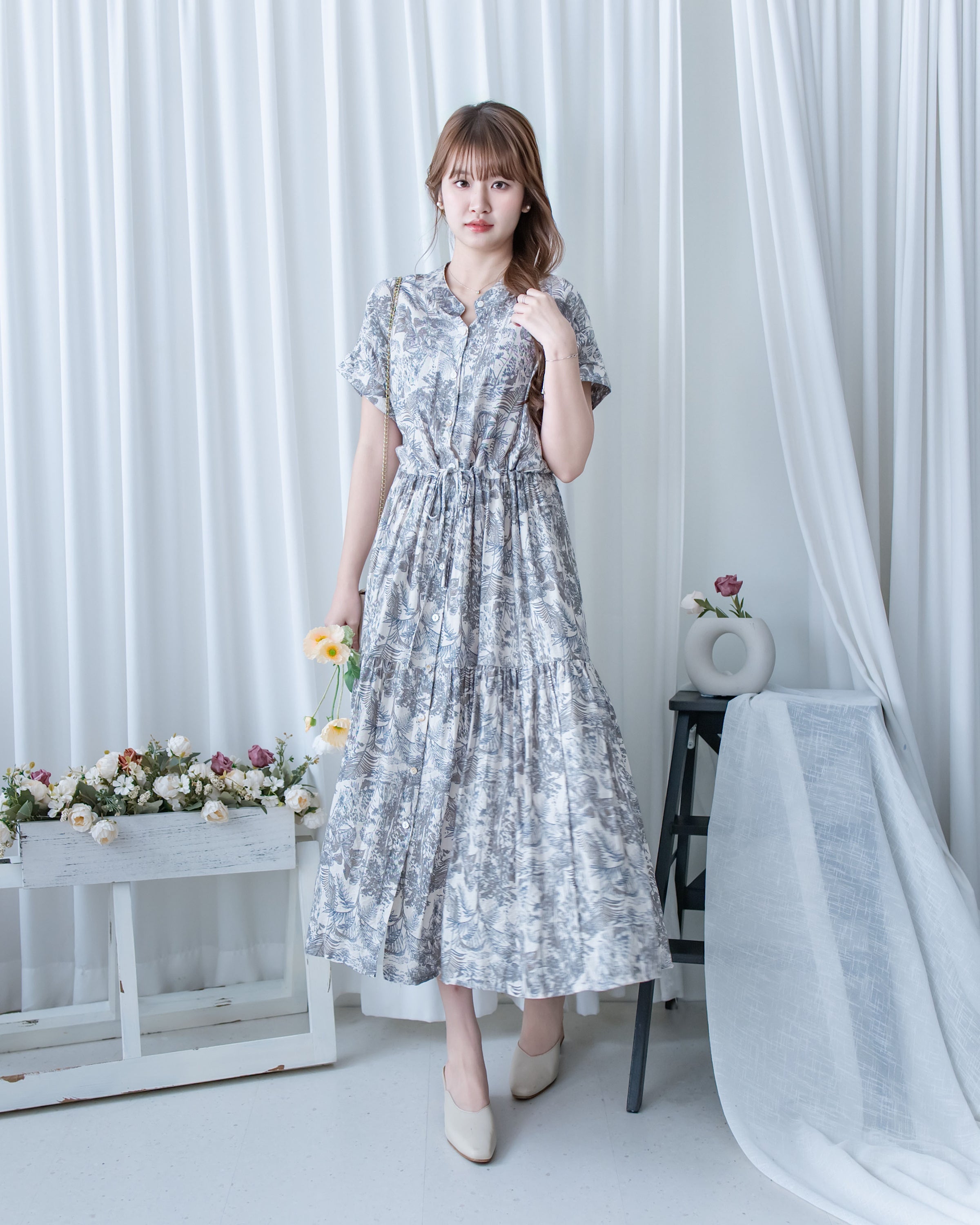 Porcelain Shirt Dress 無領陶瓷植物花印花恤衫連衣裙/DS1166 (Pre-order white)