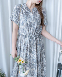 Porcelain Shirt Dress 無領陶瓷植物花印花恤衫連衣裙/DS1166 (Pre-order white)