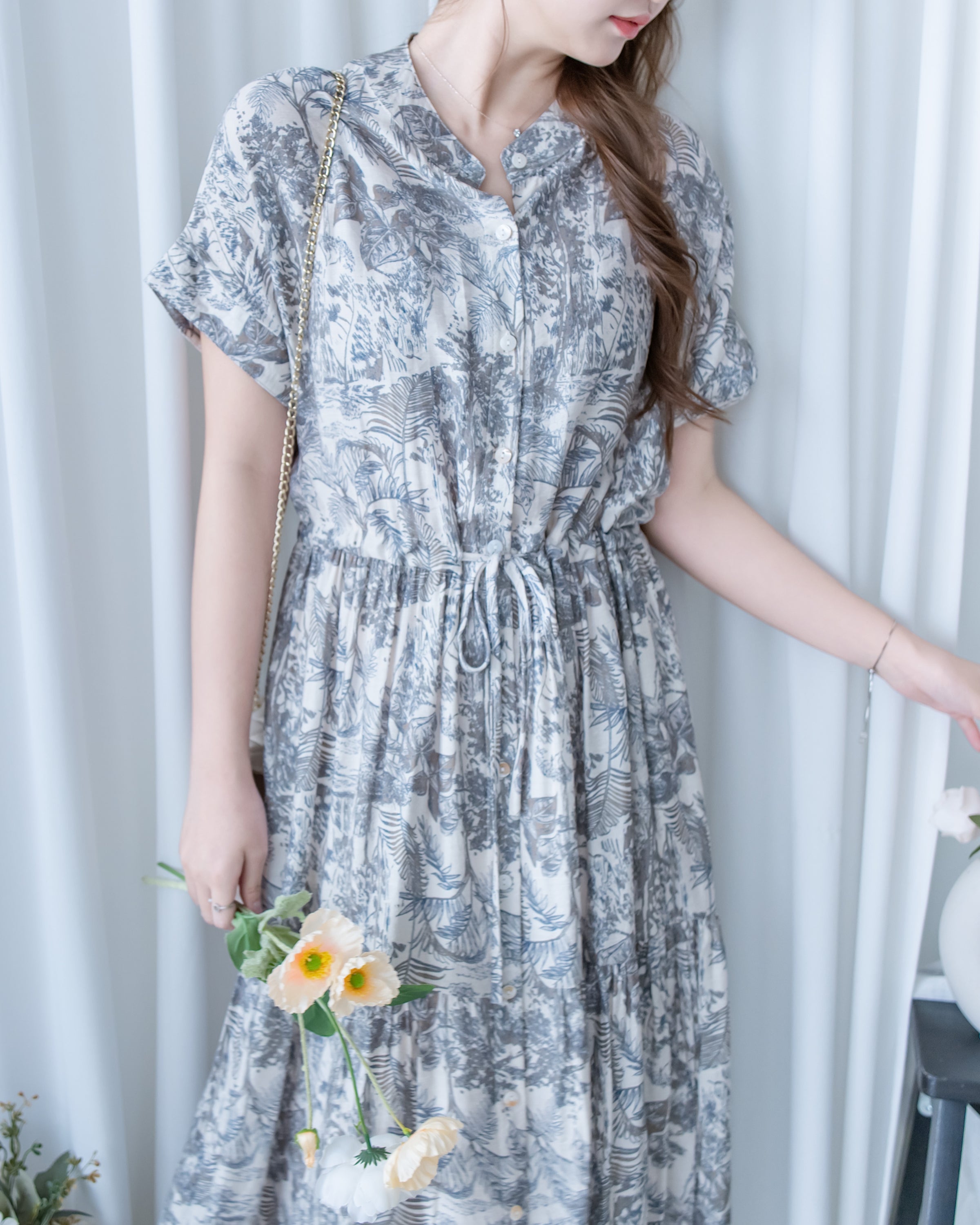 Porcelain Shirt Dress 無領陶瓷植物花印花恤衫連衣裙/DS1166 (Pre-order white)