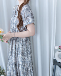 Porcelain Shirt Dress 無領陶瓷植物花印花恤衫連衣裙/DS1166 (Pre-order white)