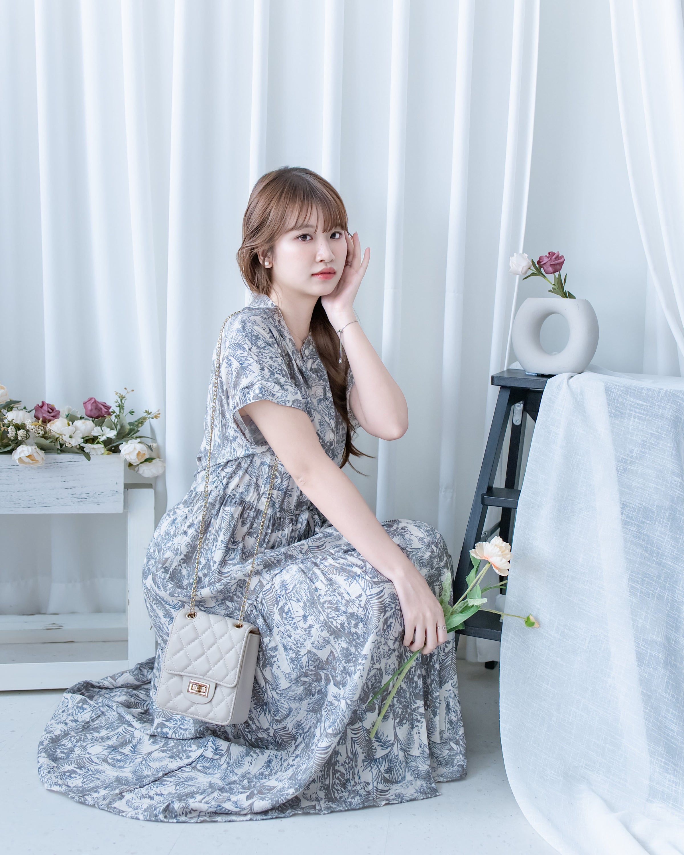 Porcelain Shirt Dress 無領陶瓷植物花印花恤衫連衣裙/DS1166 (Pre-order white)