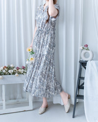Porcelain Shirt Dress 無領陶瓷植物花印花恤衫連衣裙/DS1166 (Pre-order white)