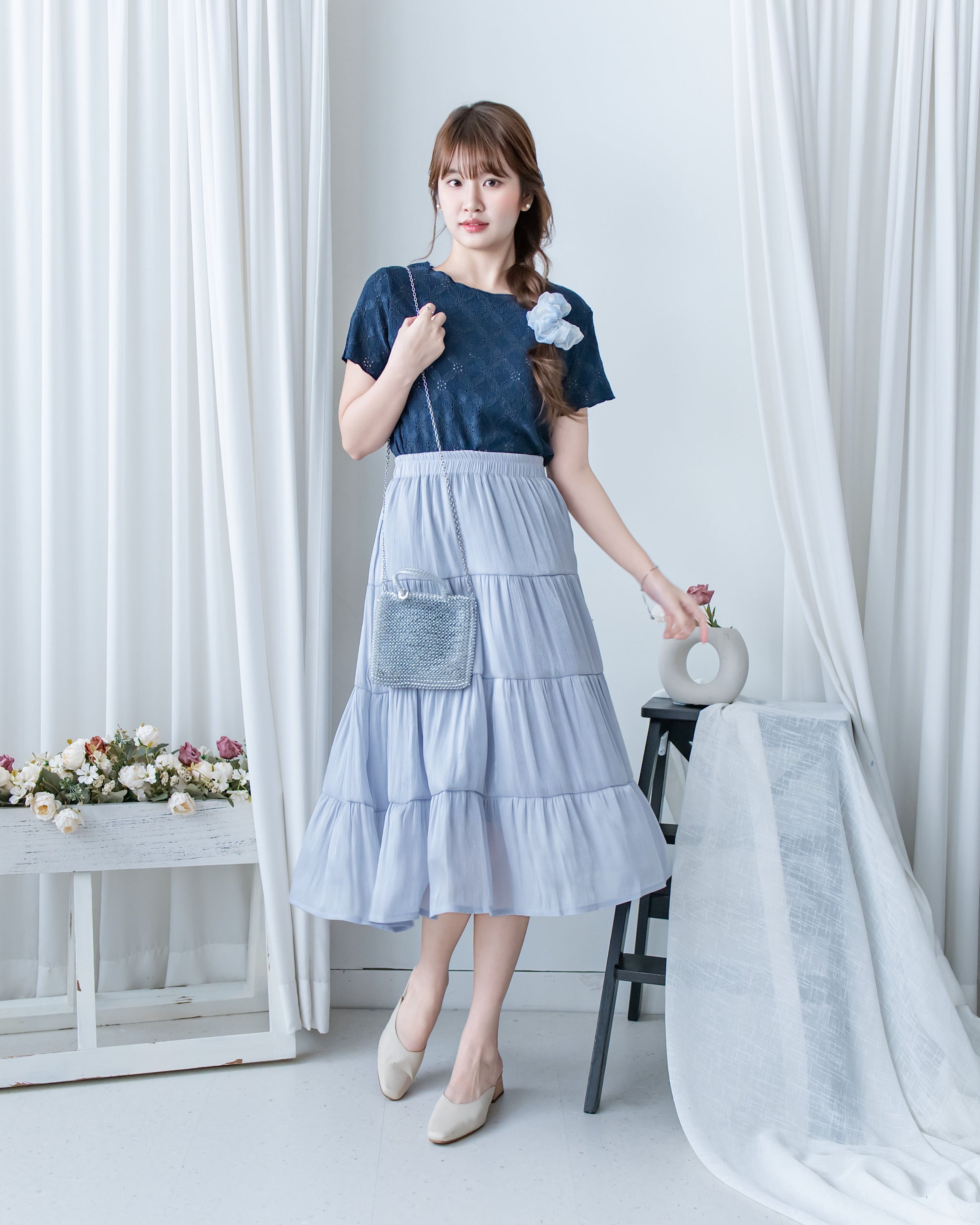 [intent label/intent製 ]  Lace Top 彈性防皺通花自然修腰花邊上衣/ TPA8003