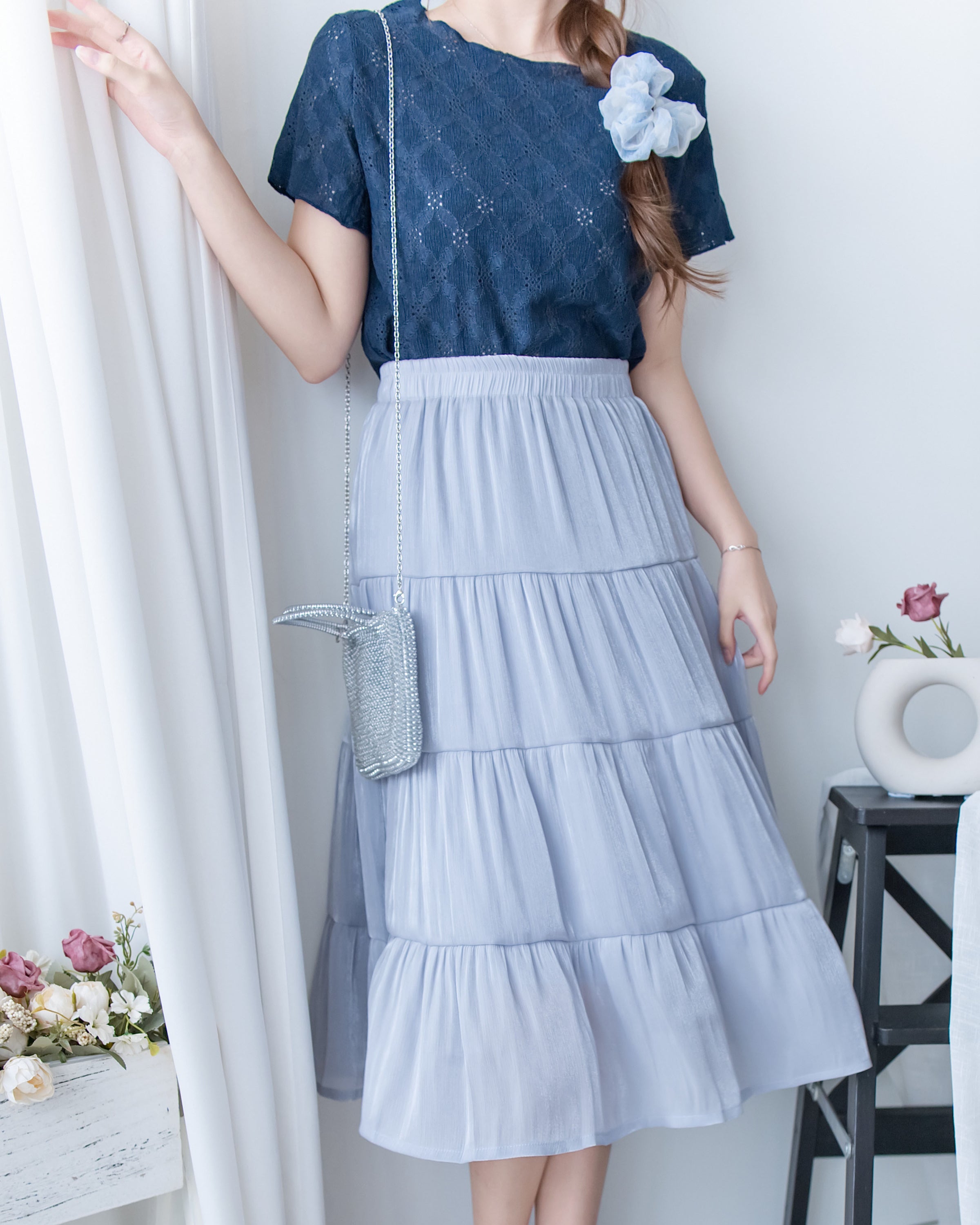 [intent label/intent製 ]  Lace Top 彈性防皺通花自然修腰花邊上衣/ TPA8003