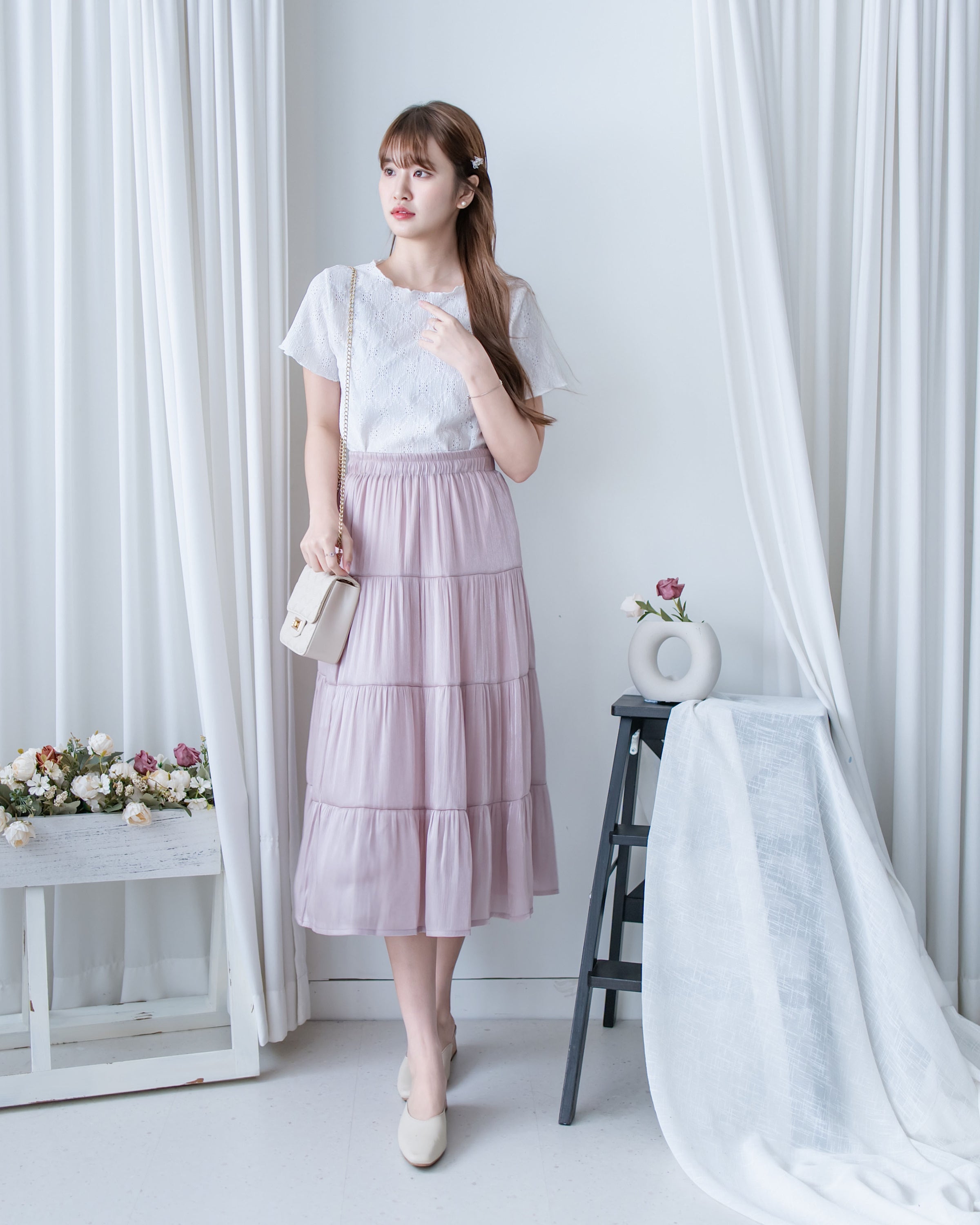 [intent label/intent製 ]  Lace Top 彈性防皺通花自然修腰花邊上衣/ TPA8003