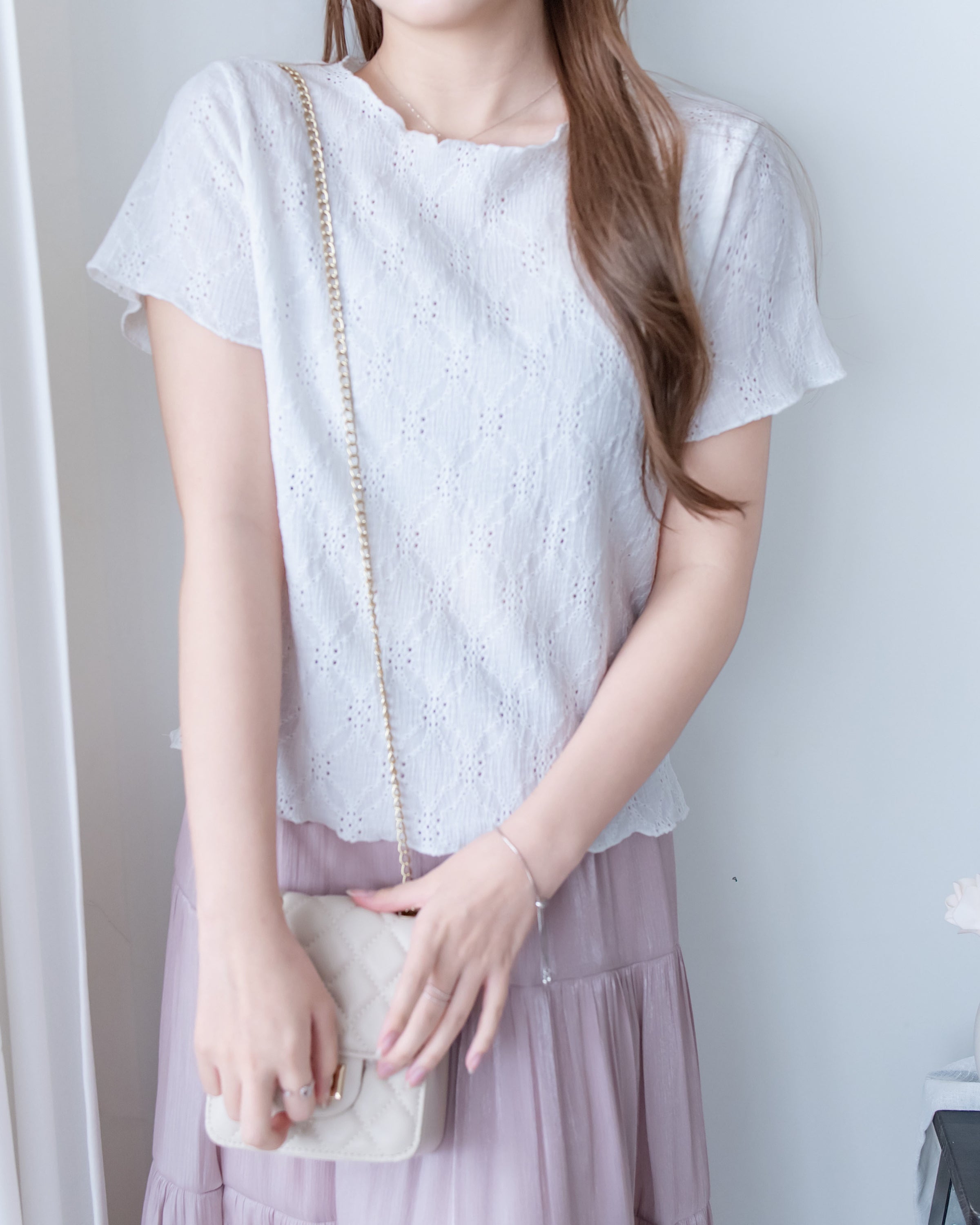 [intent label/intent製 ]  Lace Top 彈性防皺通花自然修腰花邊上衣/ TPA8003