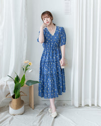 Lace Floral Dress 法式蕾絲 V 領碎花層次連身裙/DS1175