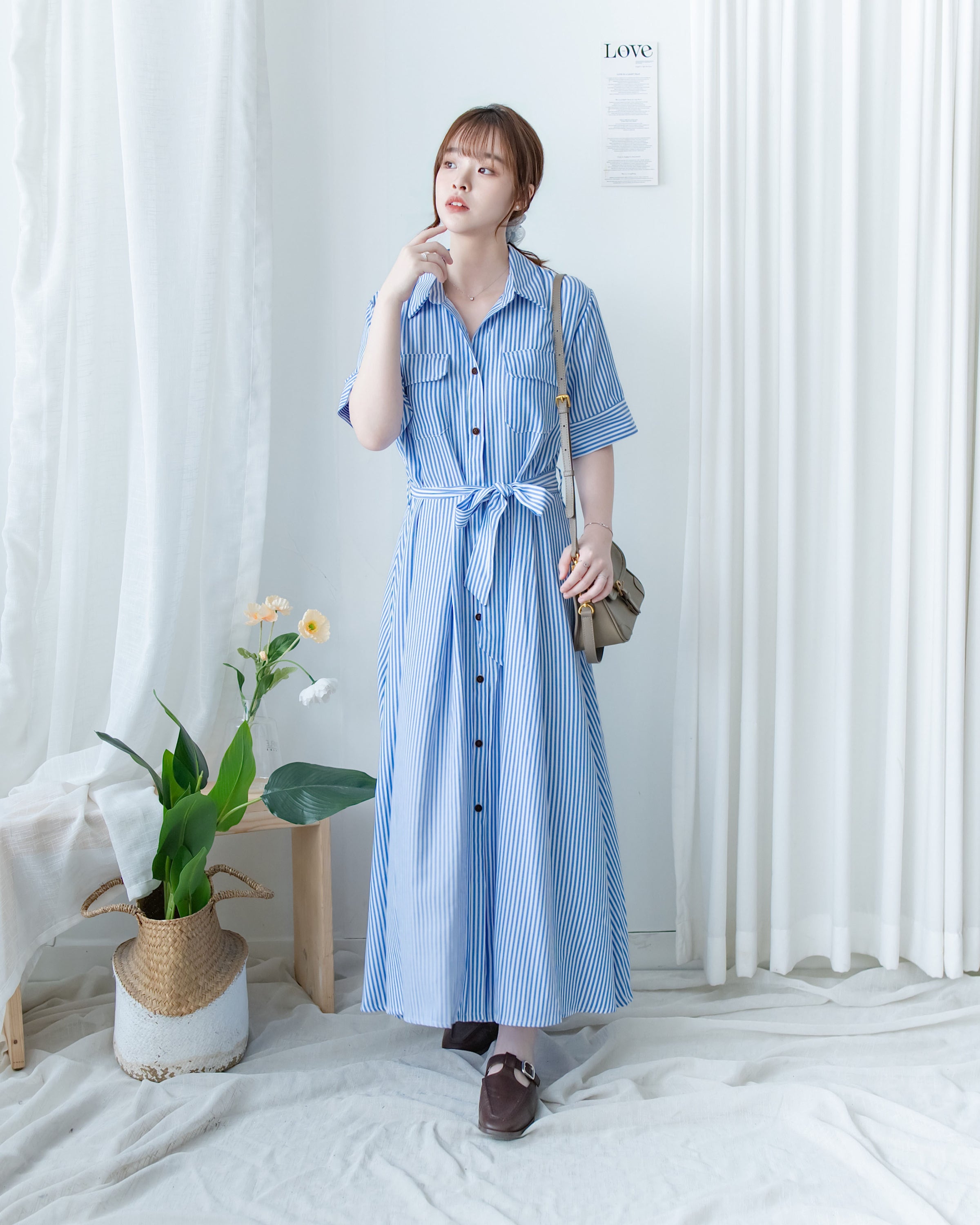 Striped Shirt Dress 藍白拼接直條紋恤衫連身裙/DS1168