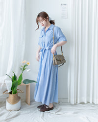 Striped Shirt Dress 藍白拼接直條紋恤衫連身裙/DS1168