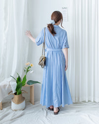 Striped Shirt Dress 藍白拼接直條紋恤衫連身裙/DS1168