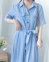 Striped Shirt Dress 藍白拼接直條紋恤衫連身裙/DS1168