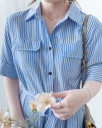 Striped Shirt Dress 藍白拼接直條紋恤衫連身裙/DS1168