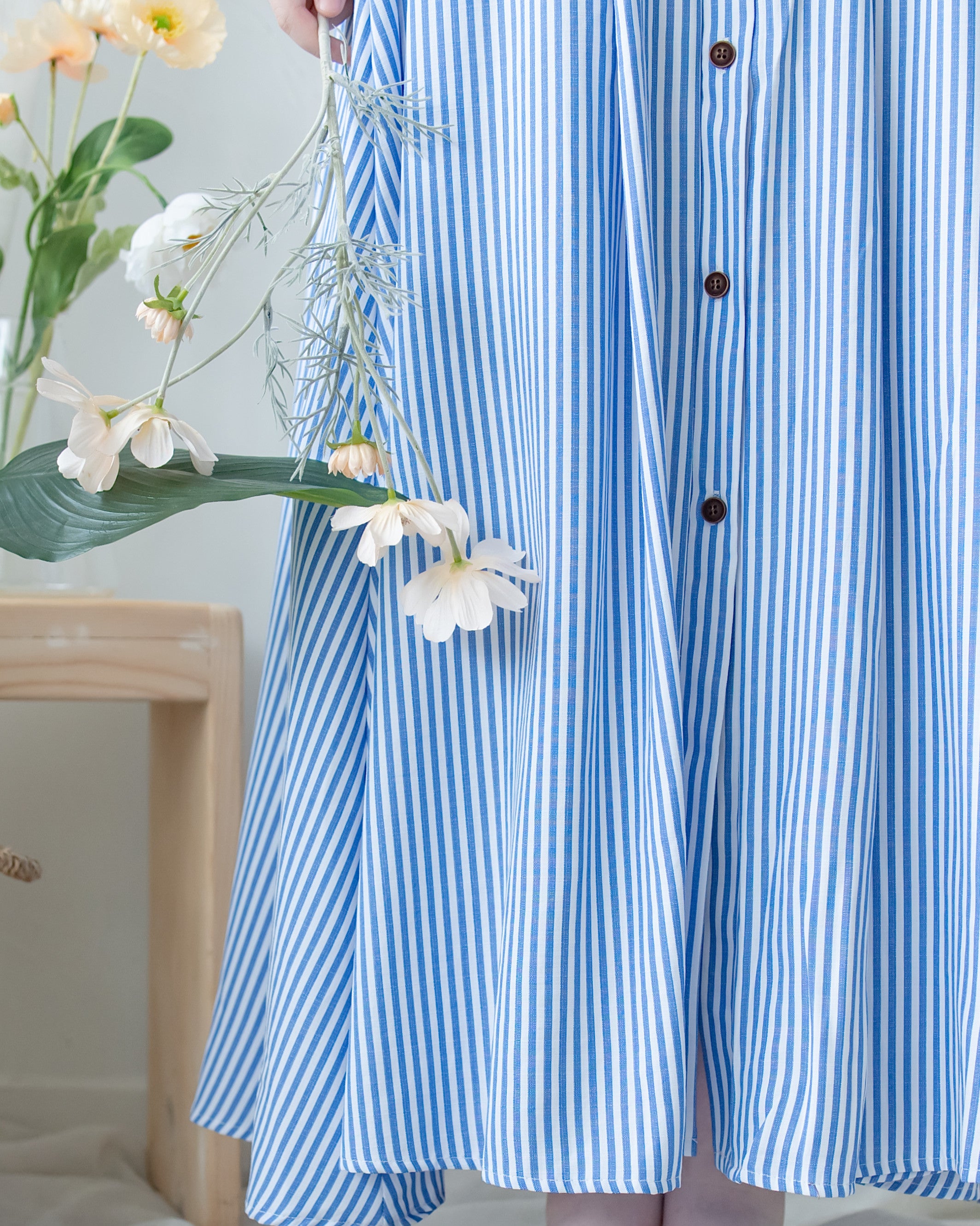 Striped Shirt Dress 藍白拼接直條紋恤衫連身裙/DS1168