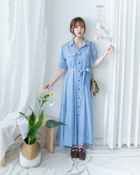 Striped Shirt Dress 藍白拼接直條紋恤衫連身裙/DS1168