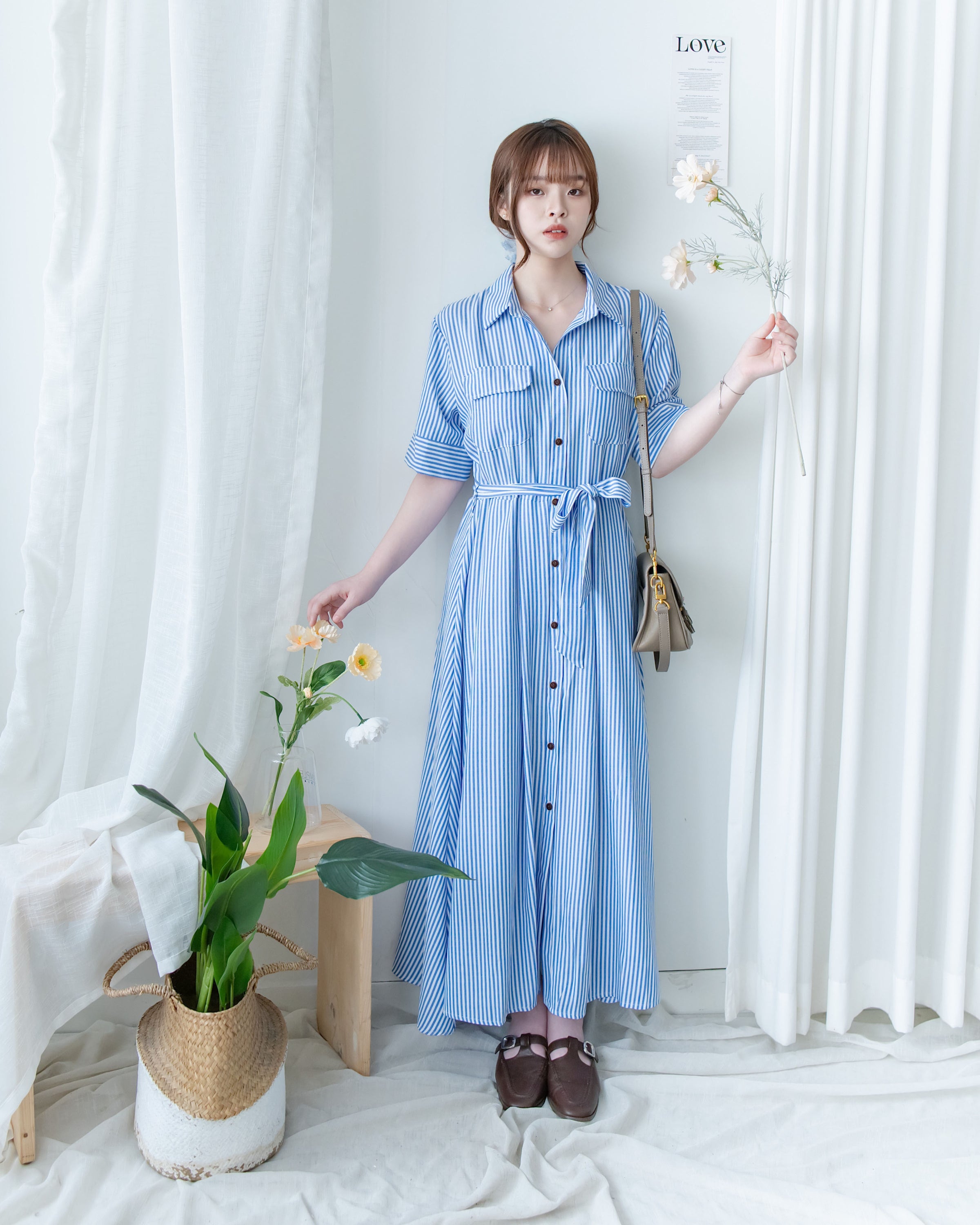 Striped Shirt Dress 藍白拼接直條紋恤衫連身裙/DS1168
