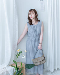 Pleated Sleeveless Dress 法式飄逸壓褶綁帶連身裙/DS1173