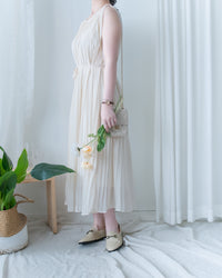 Pleated Sleeveless Dress 法式飄逸壓褶綁帶連身裙/DS1173