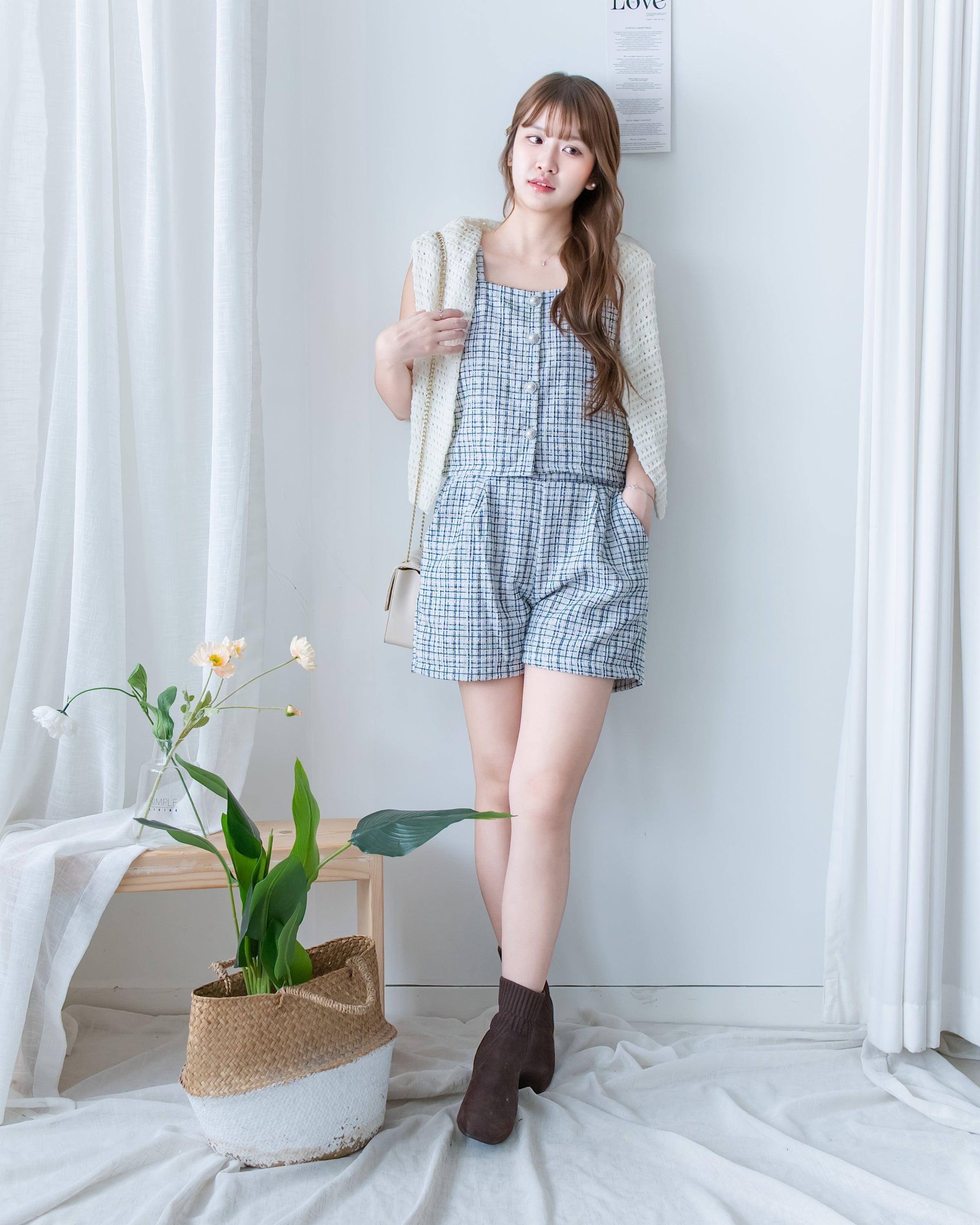 Tweed Pearl Set 小香風珍珠扣格紋兩件套/SE8120