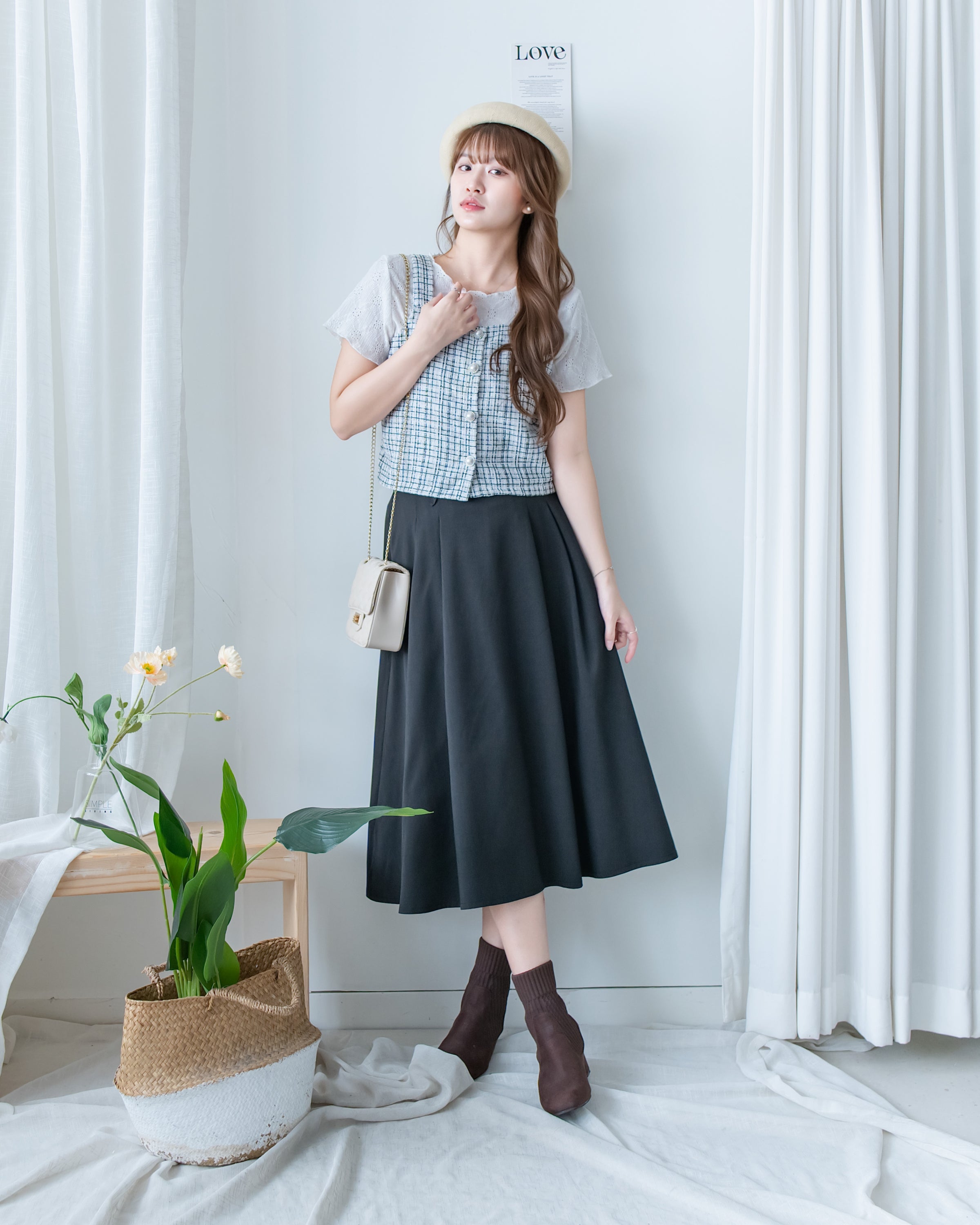 Tweed Pearl Set 小香風珍珠扣格紋兩件套/SE8120