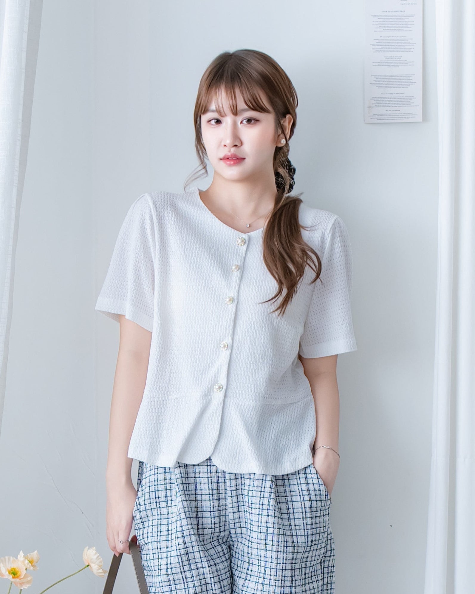 Pearl Blouse 小香風珍珠扣十字紋上衣/TP9239