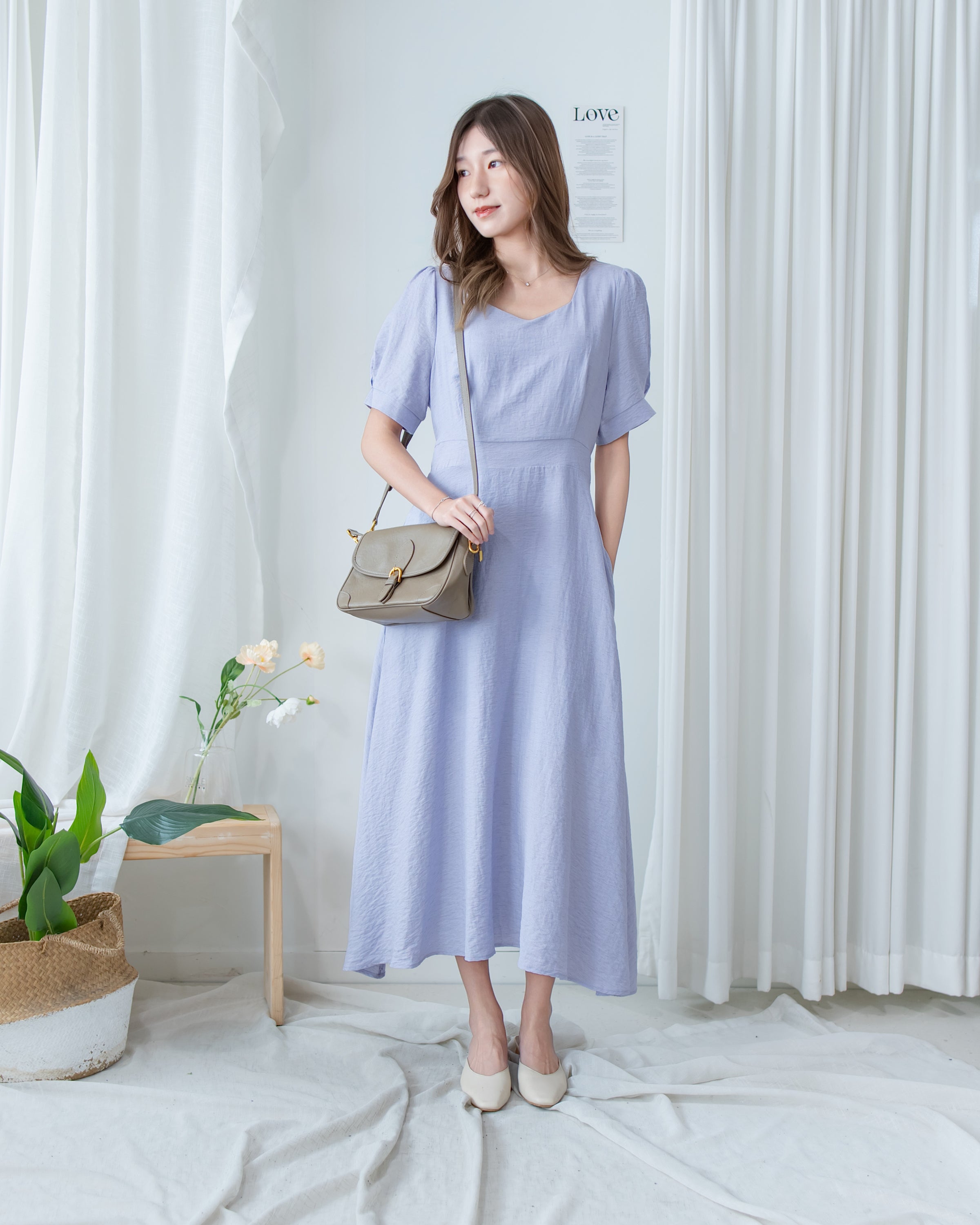 Square Neck Lavender Dress 方領綁帶薰衣草修腰連身裙/DS1172