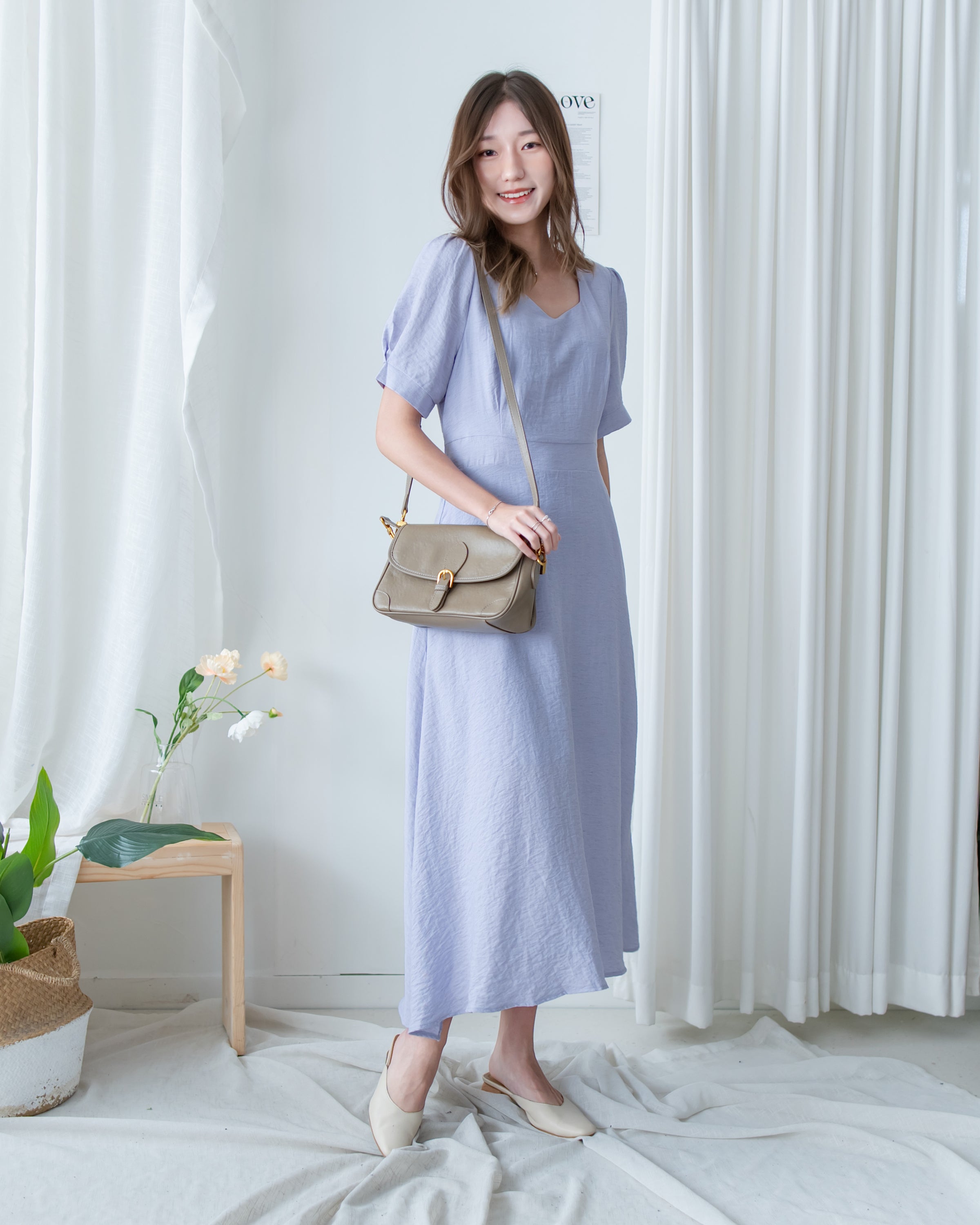 Square Neck Lavender Dress 方領綁帶薰衣草修腰連身裙/DS1172