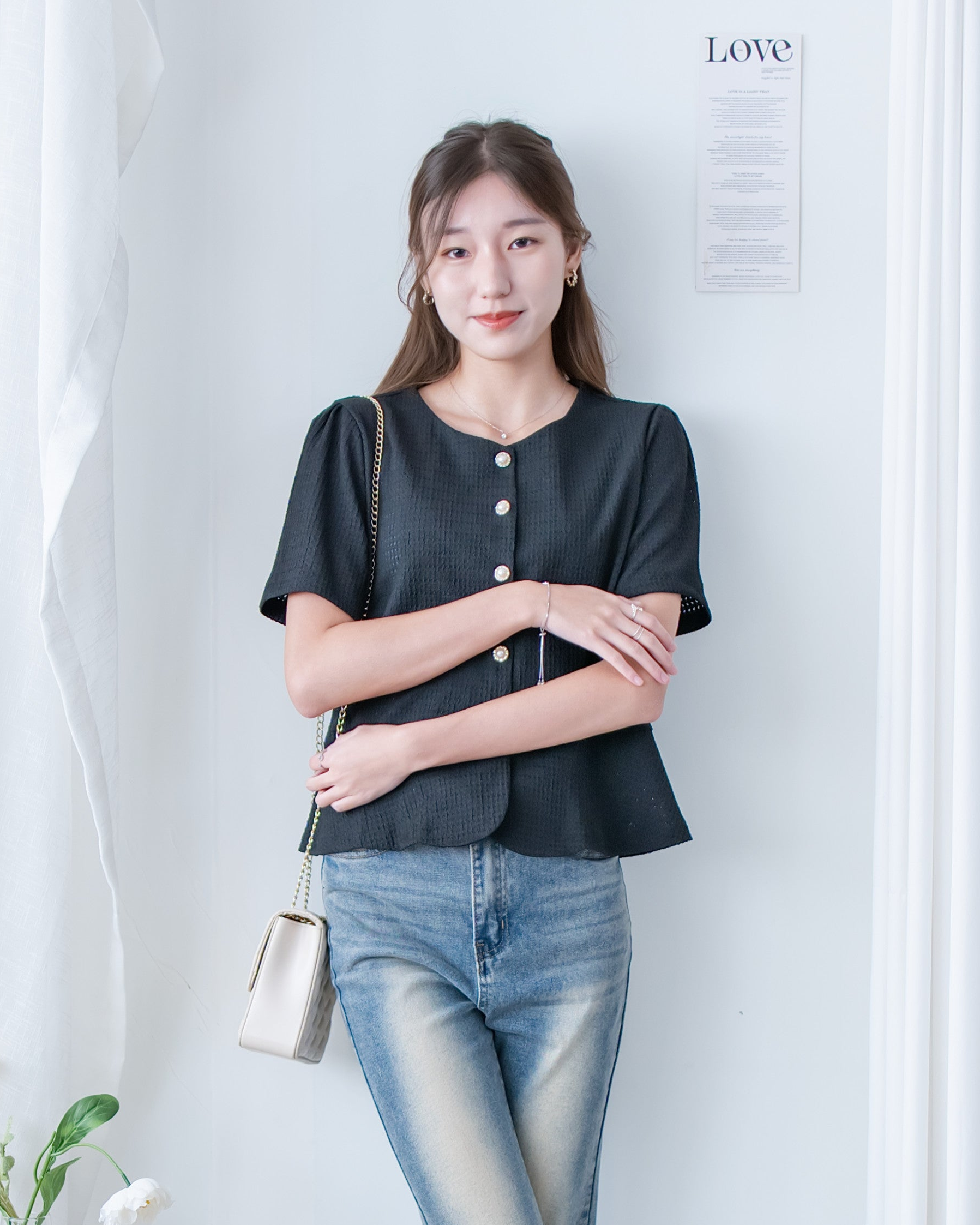 Pearl Blouse 小香風珍珠扣十字紋上衣/TP9239