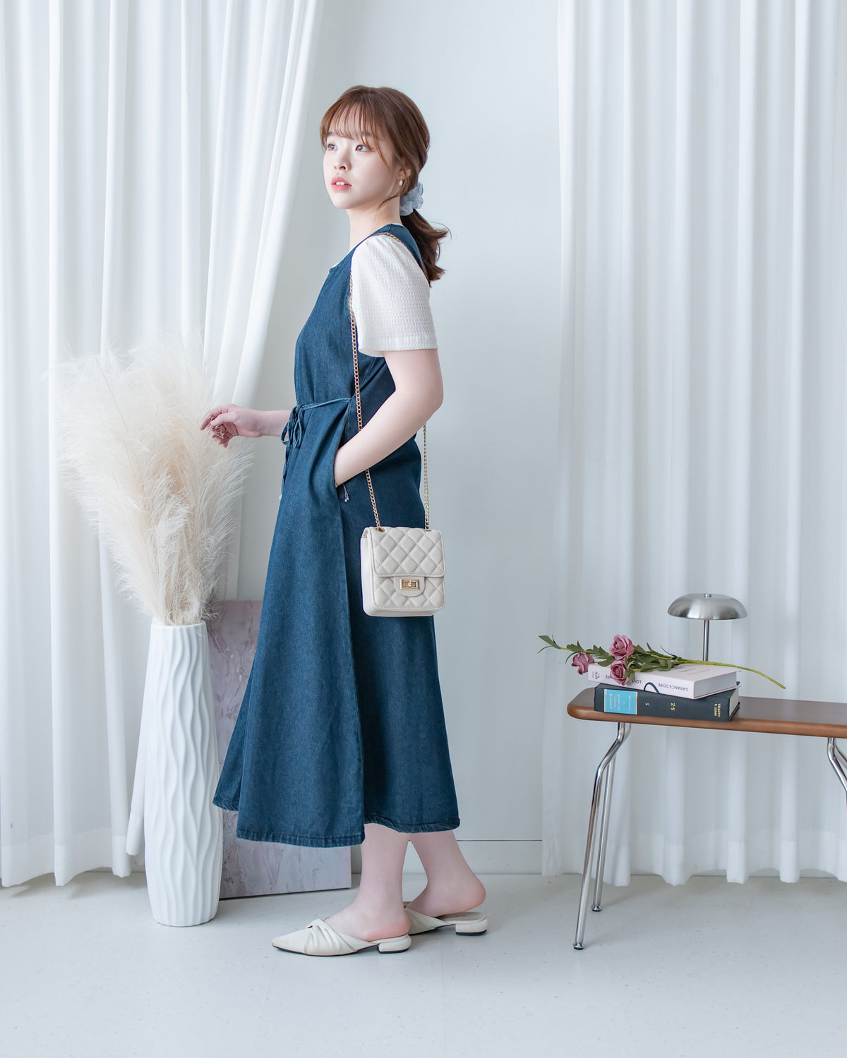 Denim Vest Dress 前中線綁帶牛仔背心裙/ DS1174