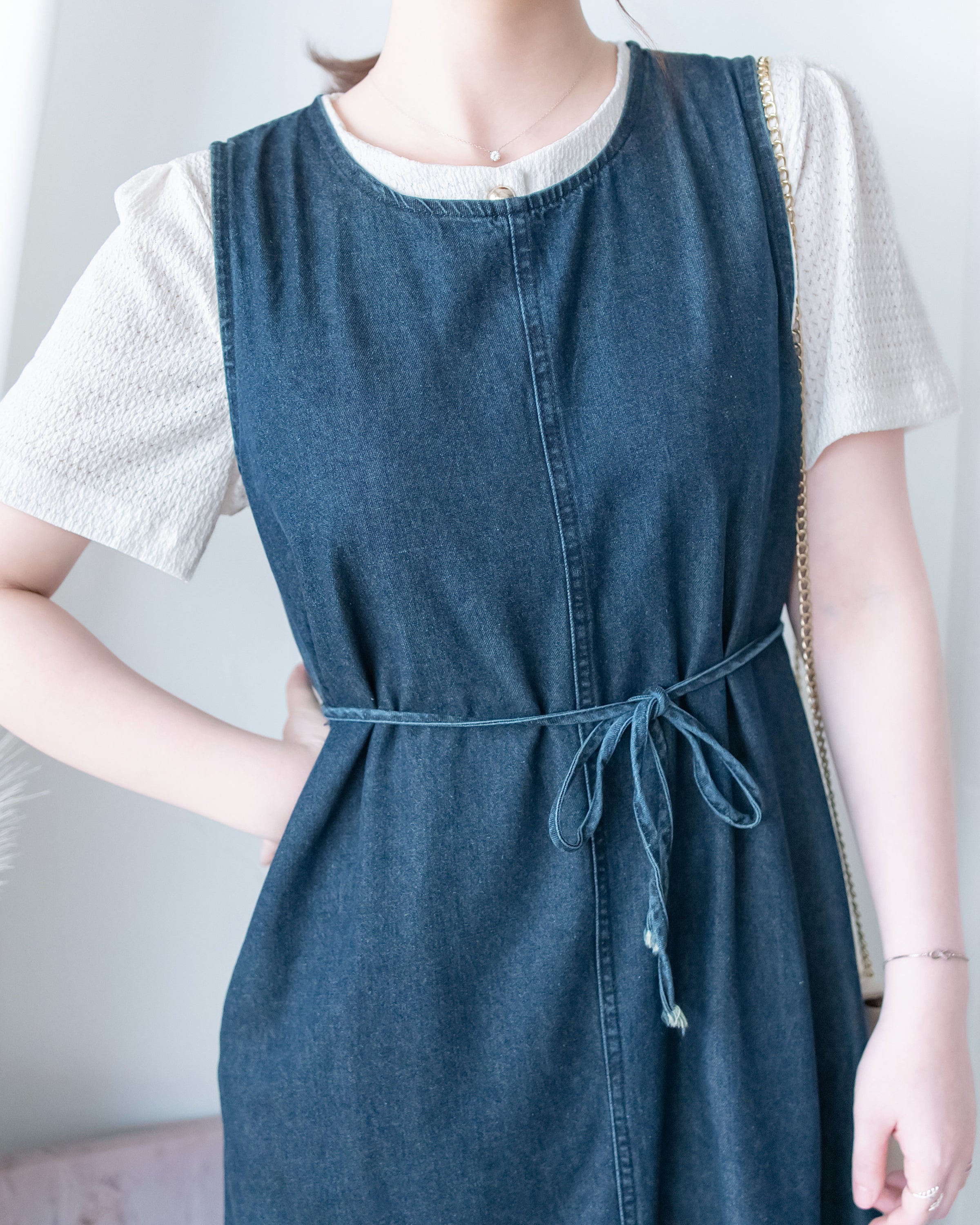 Denim Vest Dress 前中線綁帶牛仔背心裙/ DS1174