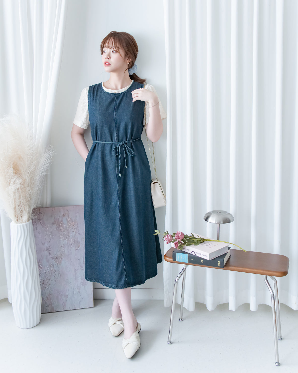 Denim Vest Dress 前中線綁帶牛仔背心裙/ DS1174