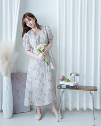 Floral line Dress 線條青花印花弧腰線連身裙/ DS1171
