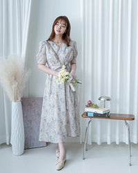 Floral line Dress 線條青花印花弧腰線連身裙/ DS1171