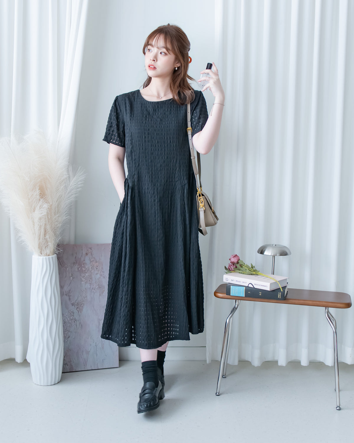 Tonal Check Dress 編織提花拼接側傘形連身裙/ DS1177