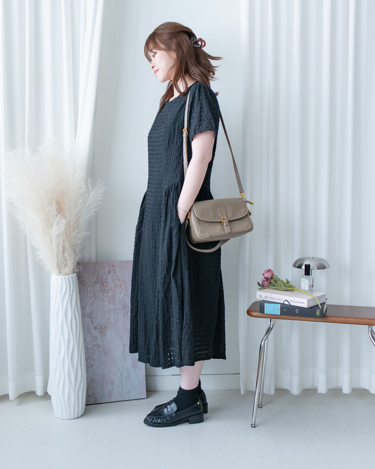 Tonal Check Dress 編織提花拼接側傘形連身裙/ DS1177