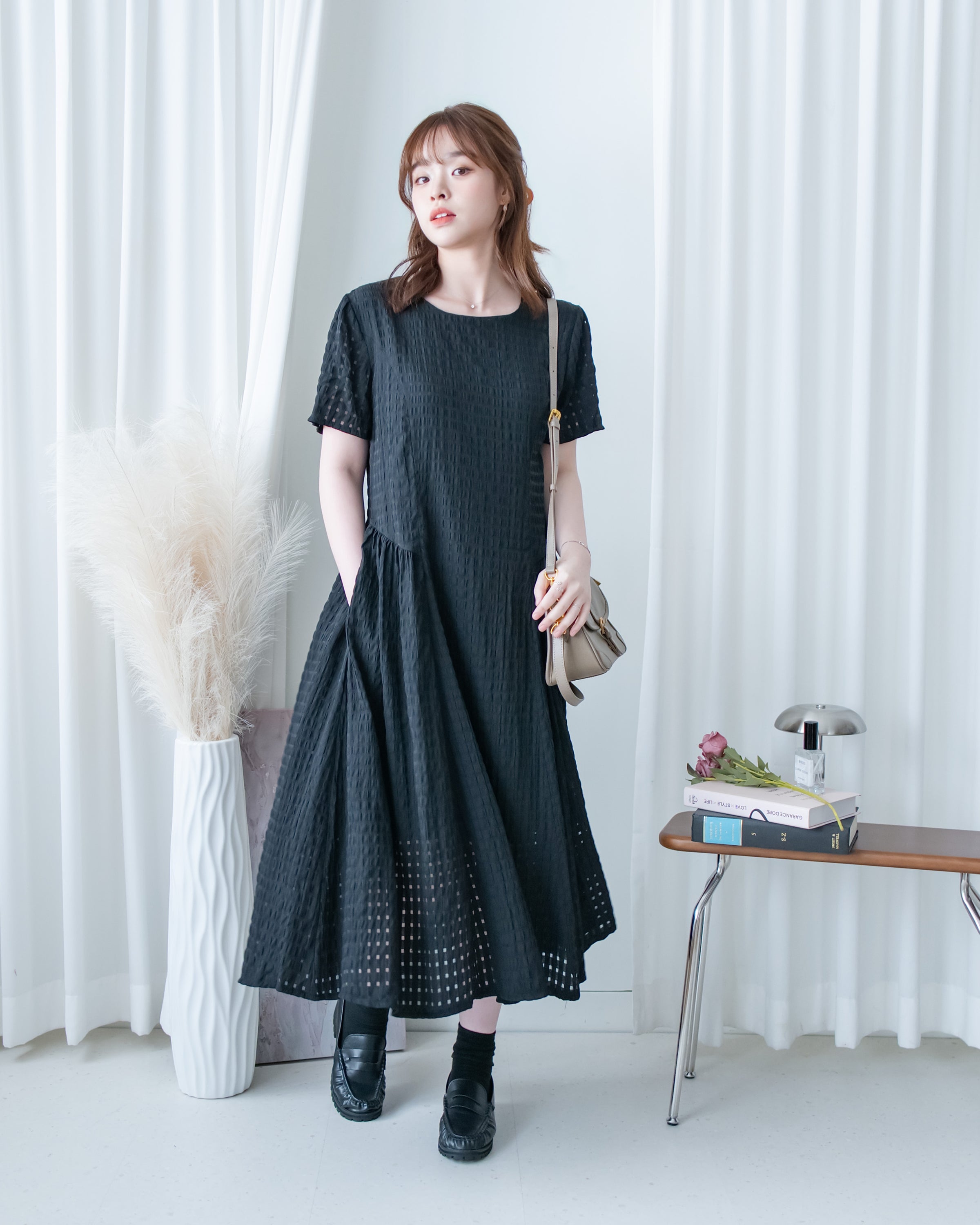 Tonal Check Dress 編織提花拼接側傘形連身裙/ DS1177