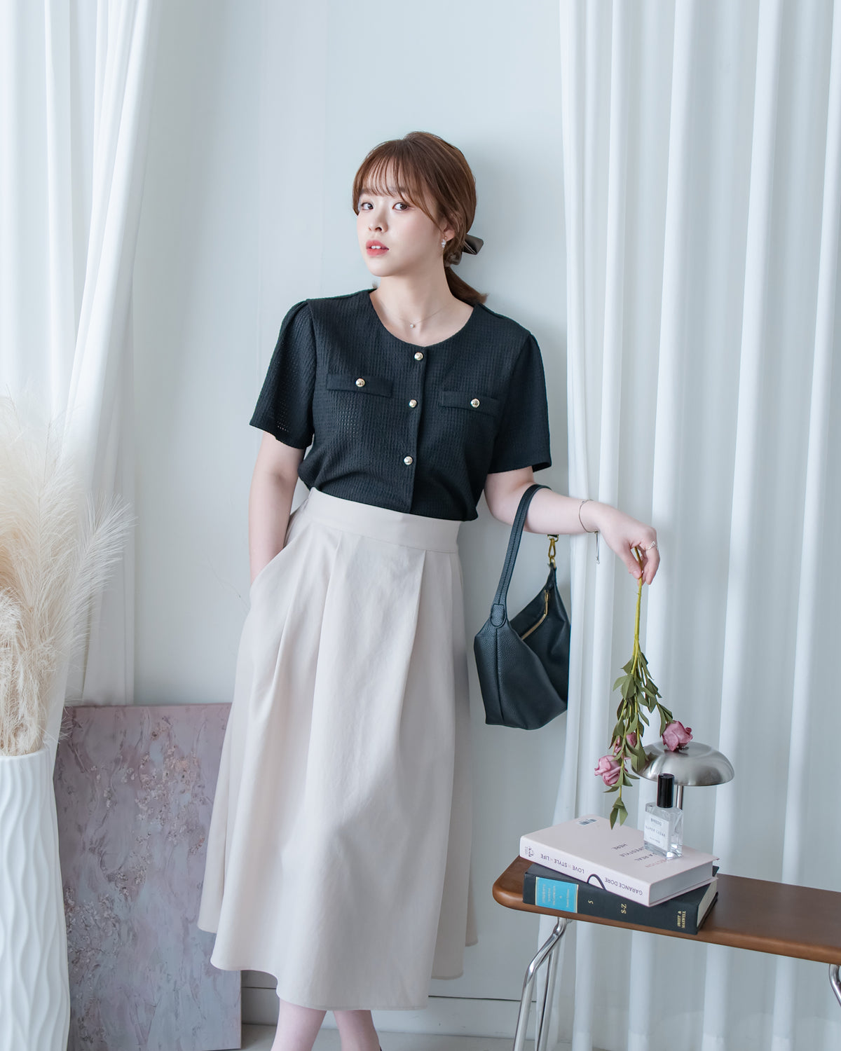 French Pocket Skirt 前褶微挺高腰口袋傘裙/ SK8951