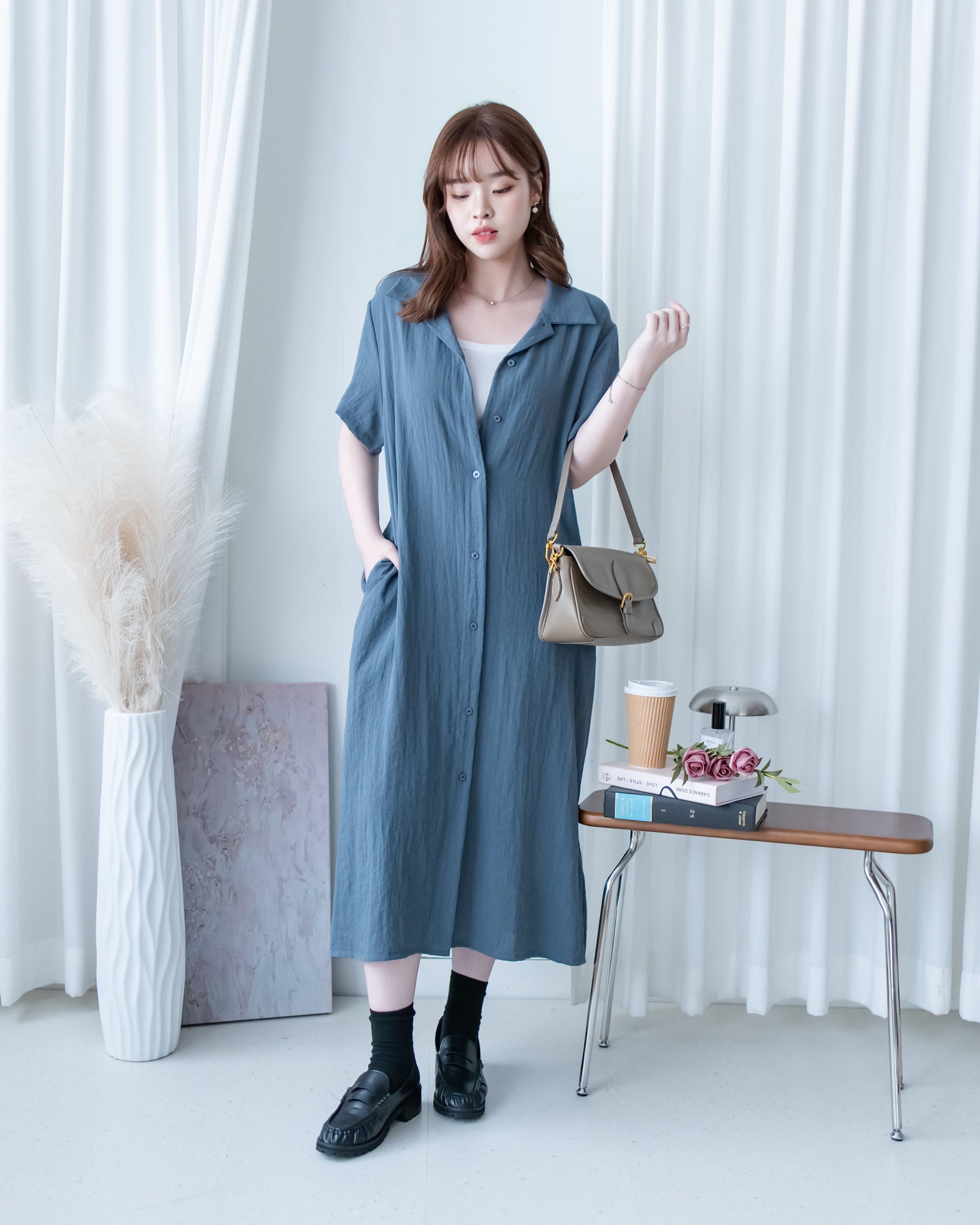 [intent label/ intent 製] Anden Shirt Dress 舒適柔軟下排假鈕扣恤衫連身裙/ DSA8011