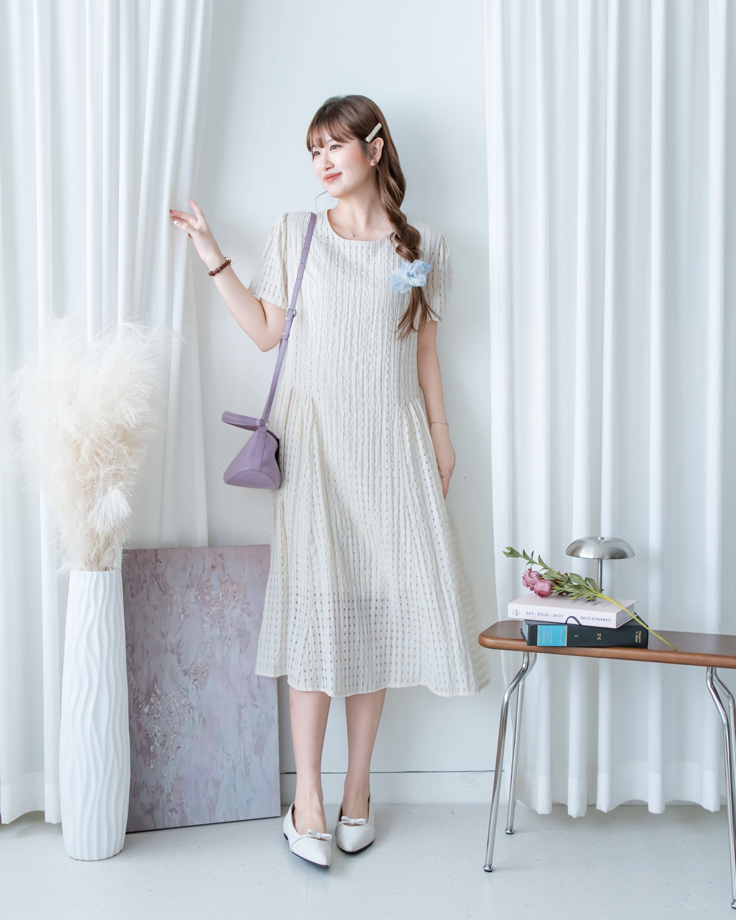 Tonal Check Dress 編織提花拼接側傘形連身裙/ DS1177