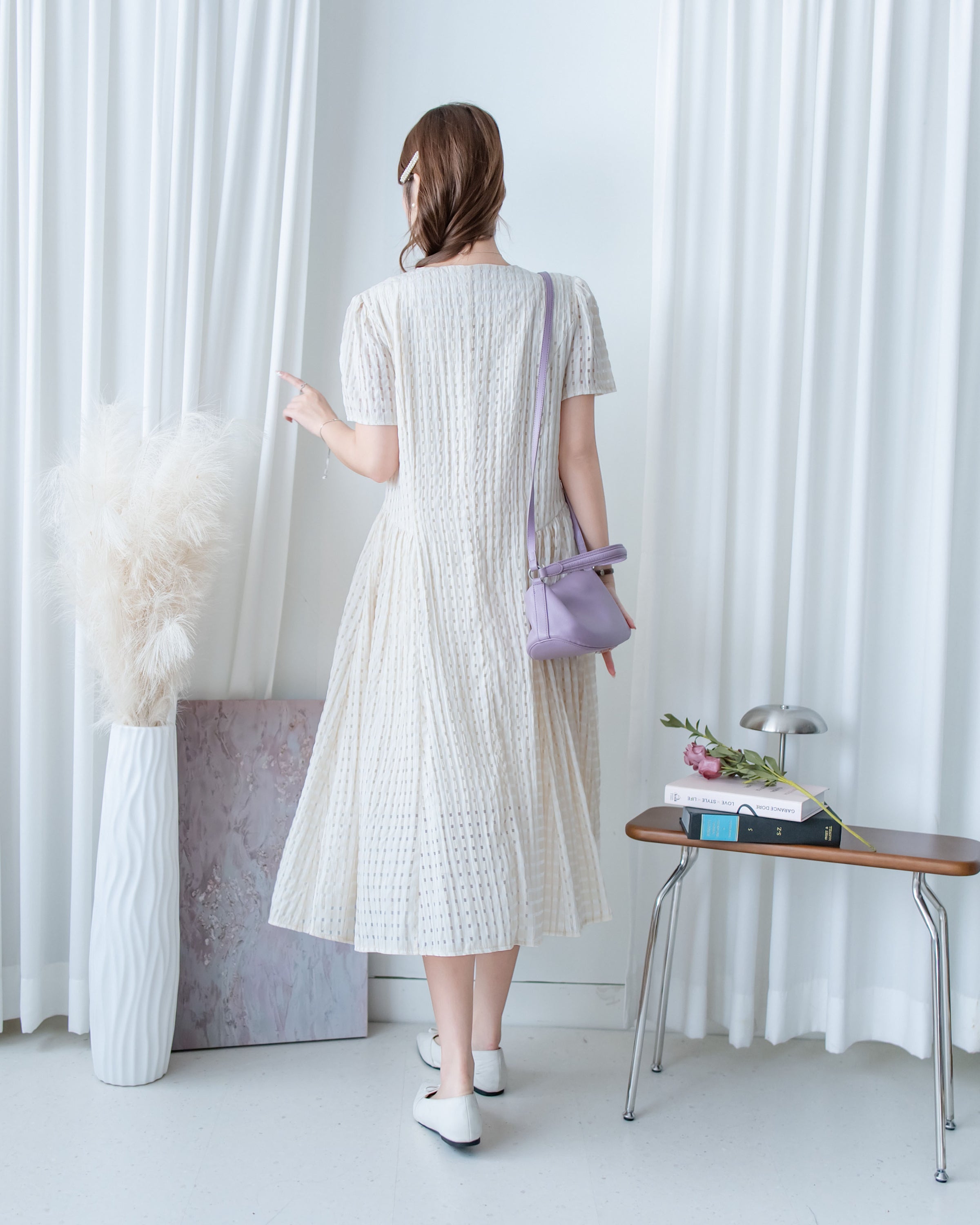 Tonal Check Dress 編織提花拼接側傘形連身裙/ DS1177