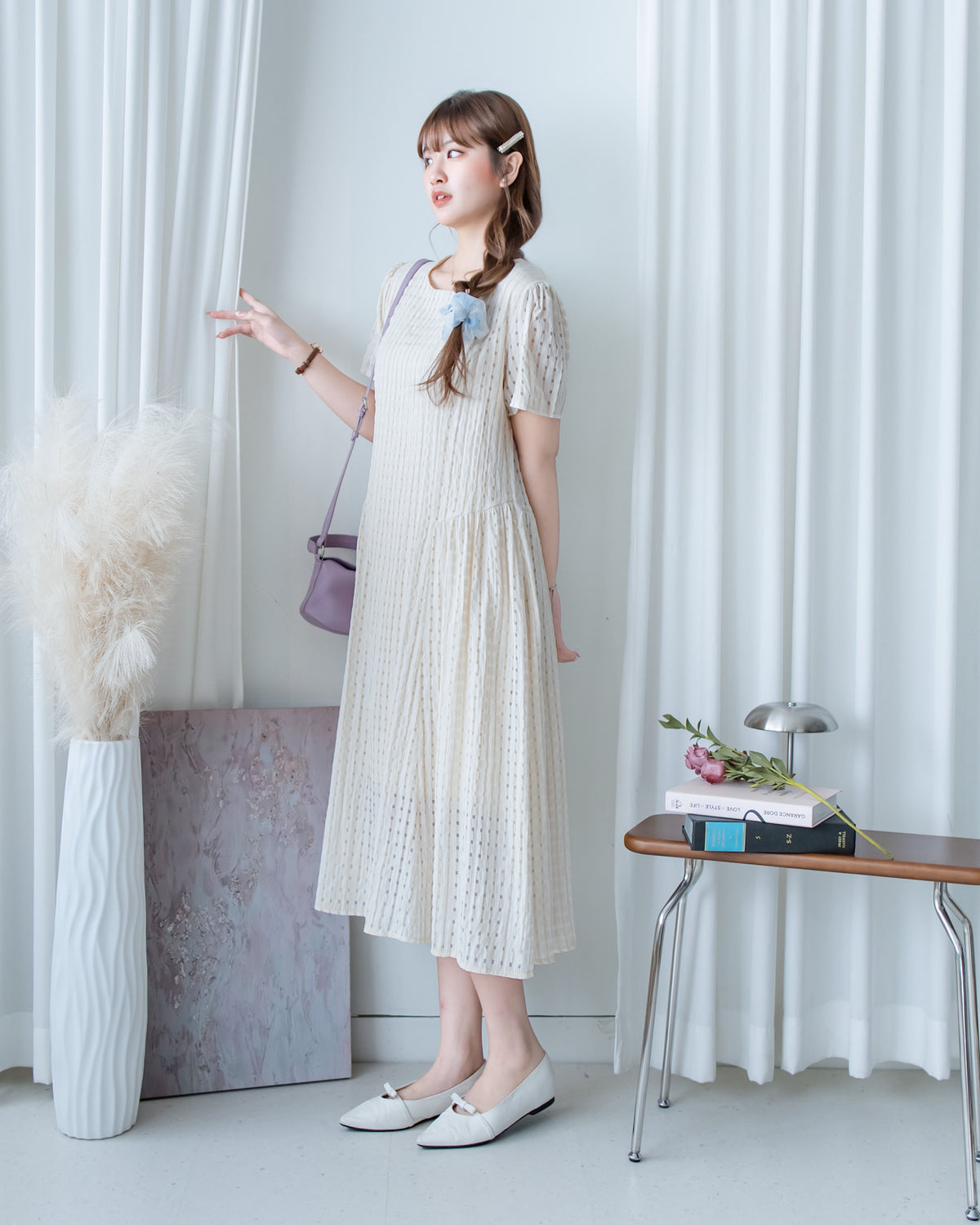 Tonal Check Dress 編織提花拼接側傘形連身裙/ DS1177