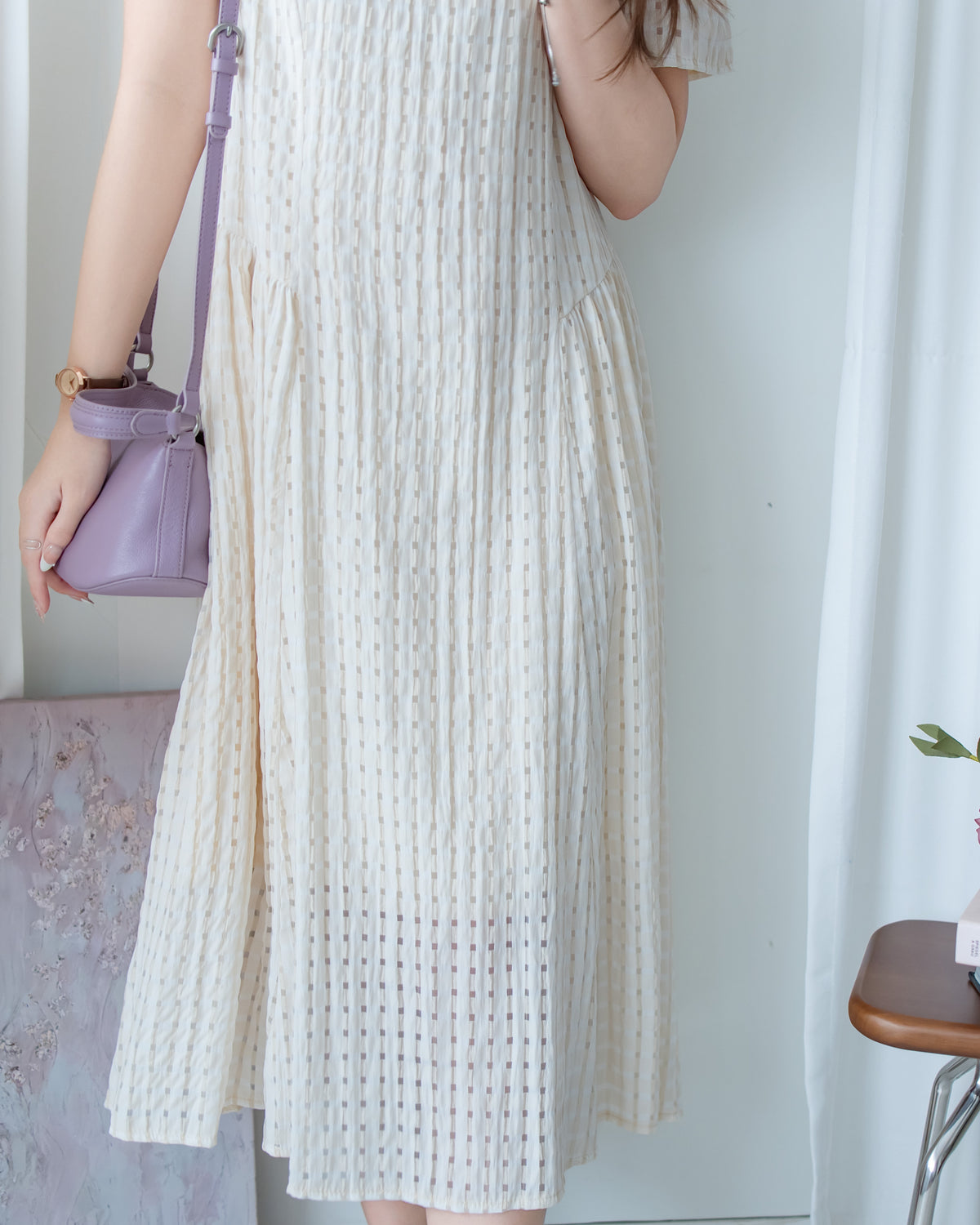Tonal Check Dress 編織提花拼接側傘形連身裙/ DS1177
