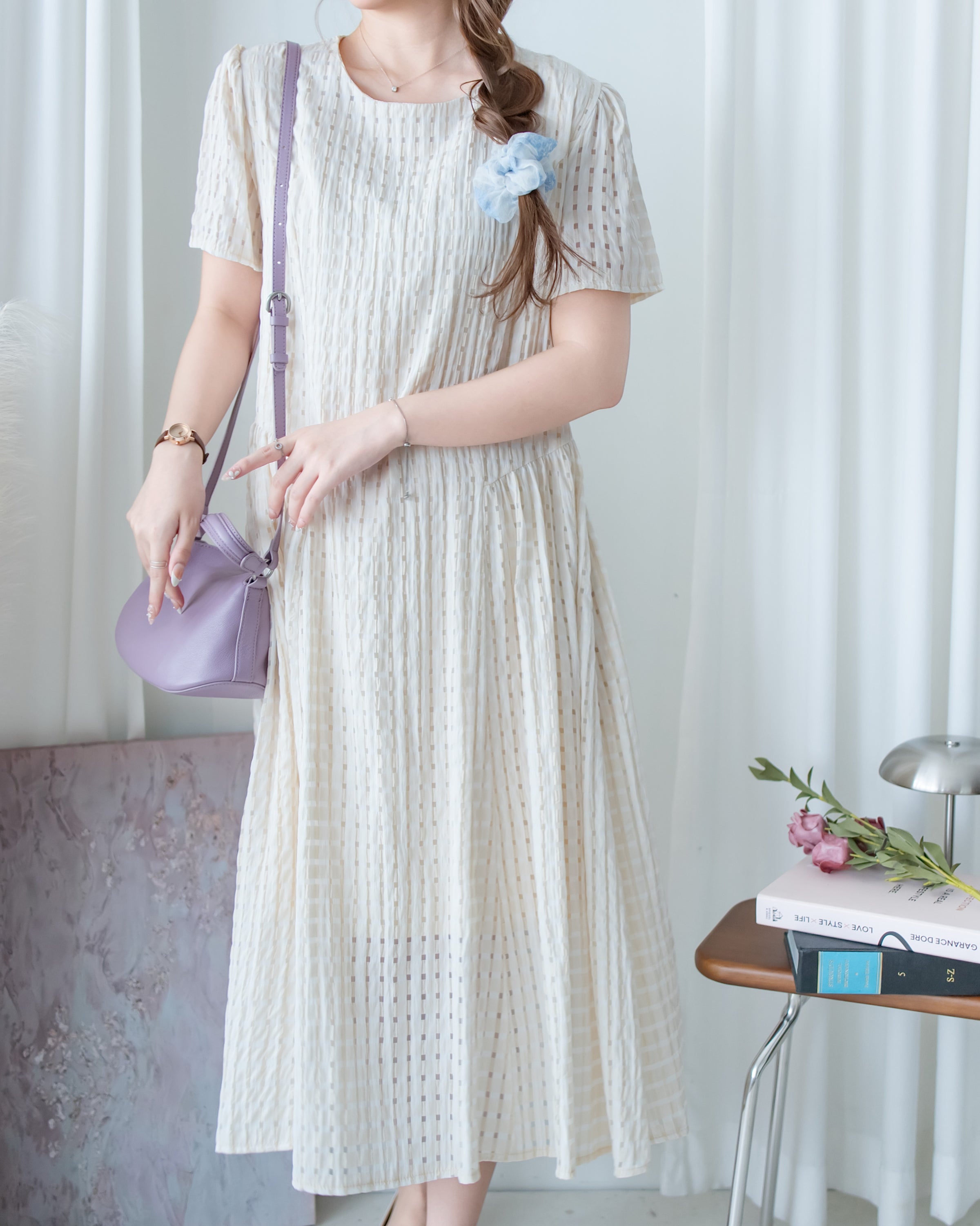 Tonal Check Dress 編織提花拼接側傘形連身裙/ DS1177