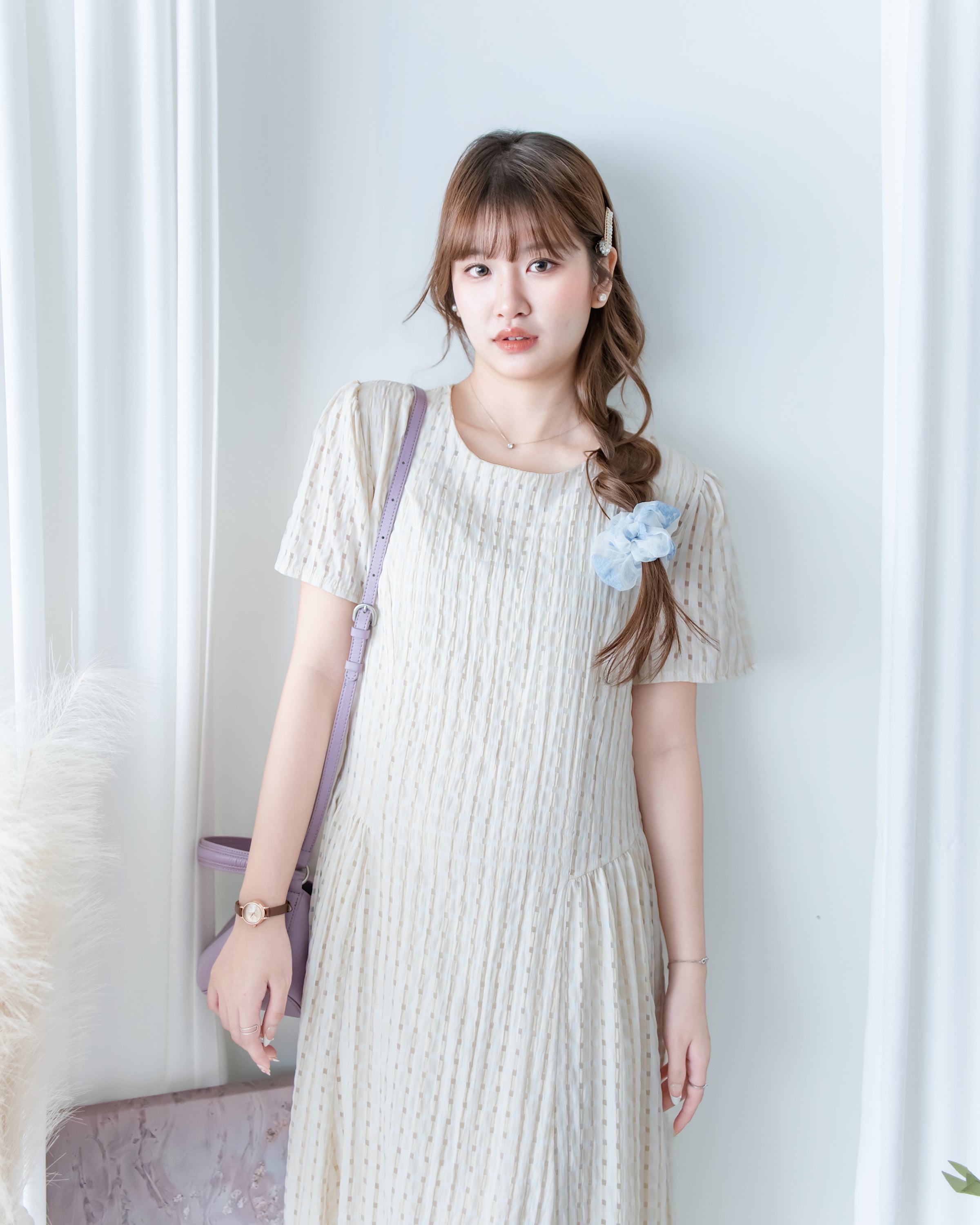 Tonal Check Dress 編織提花拼接側傘形連身裙/ DS1177