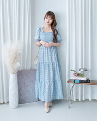 Smocked Floral Dress 方領印花後抓皺修身綁帶連身裙/ DS1182