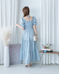 Smocked Floral Dress 方領印花後抓皺修身綁帶連身裙/ DS1182