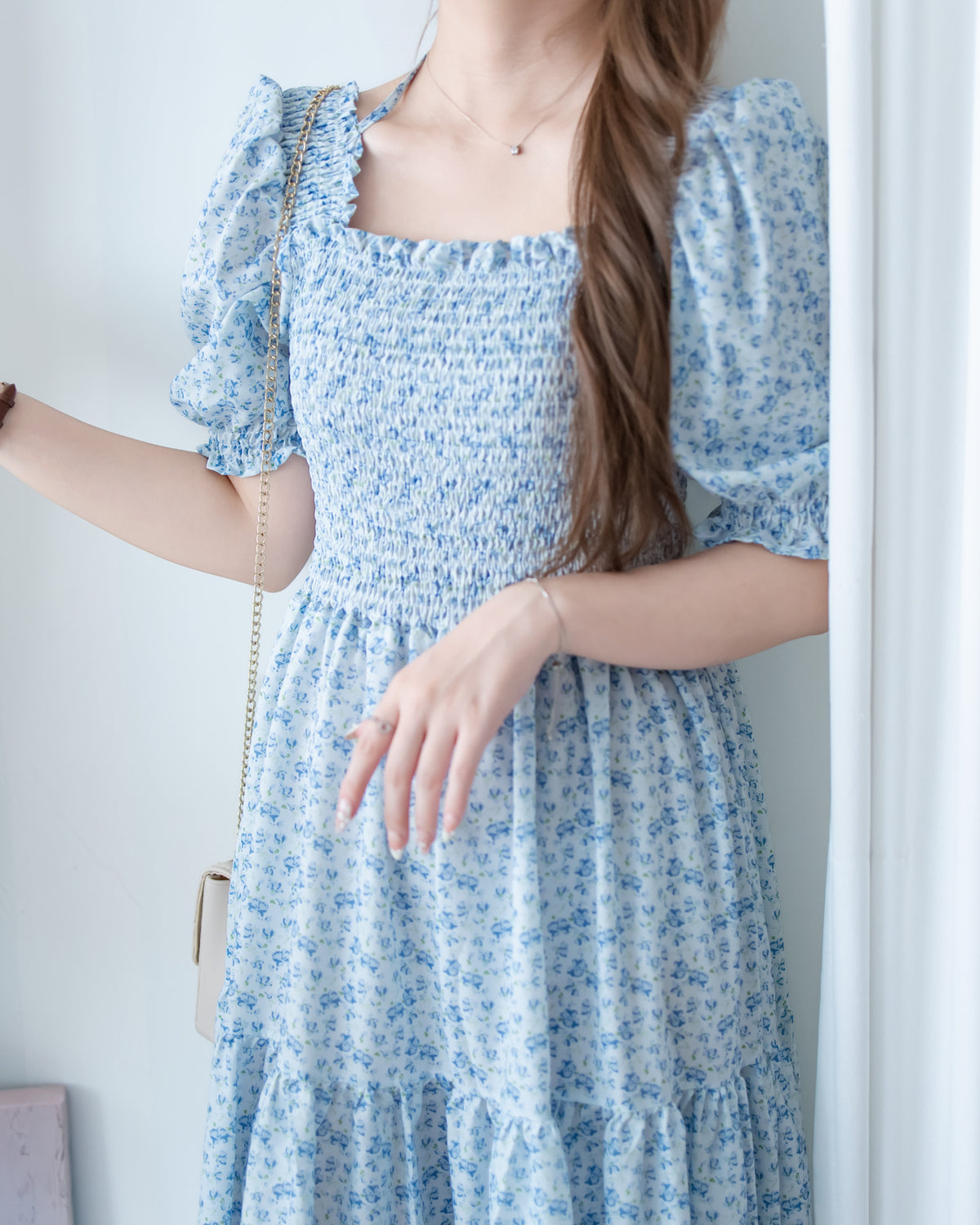 Smocked Floral Dress 方領印花後抓皺修身綁帶連身裙/ DS1182
