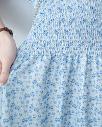 Smocked Floral Dress 方領印花後抓皺修身綁帶連身裙/ DS1182