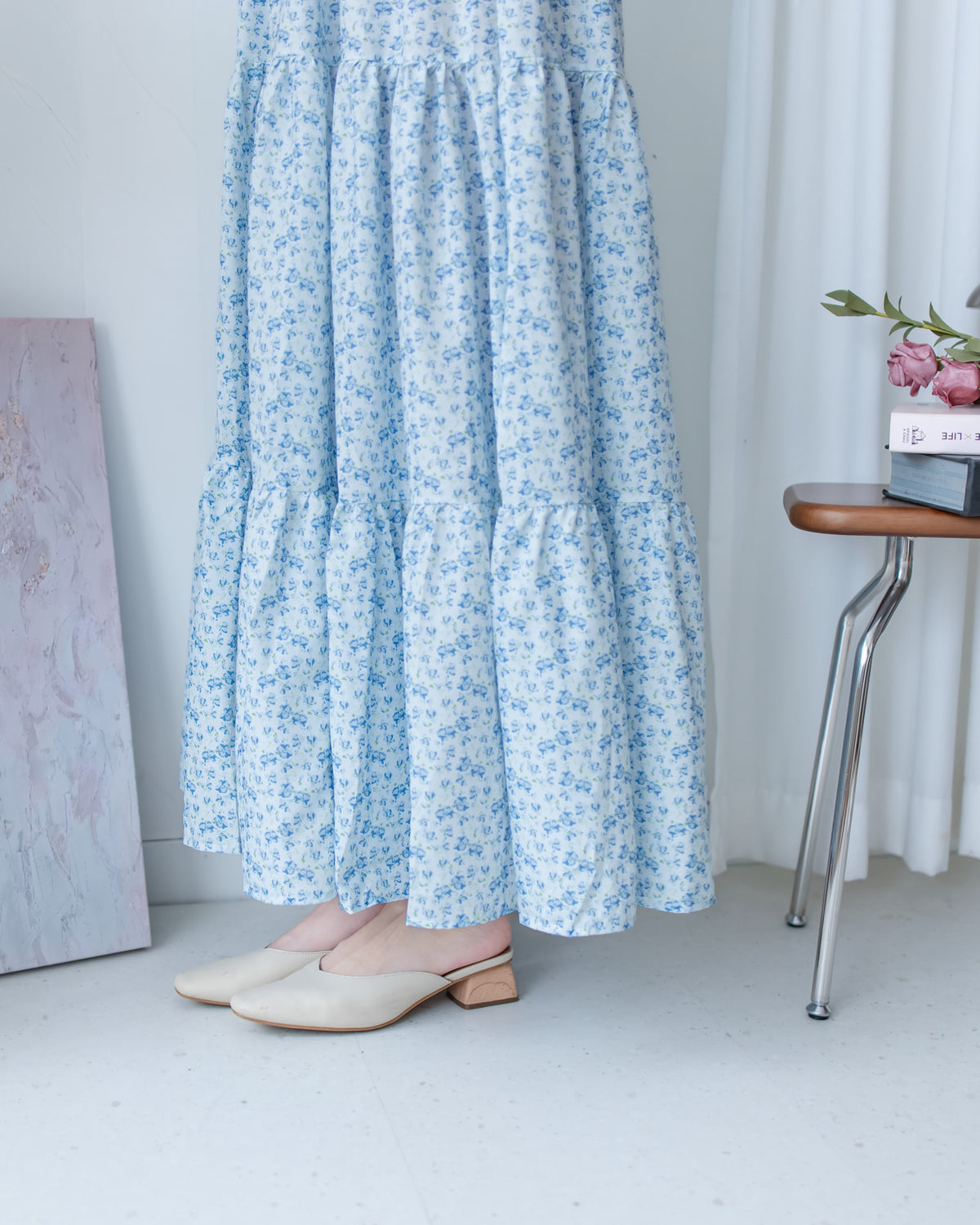 Smocked Floral Dress 方領印花後抓皺修身綁帶連身裙/ DS1182
